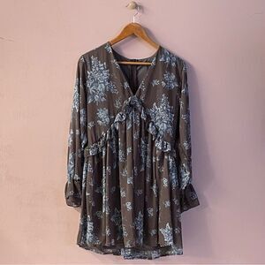 Nasty Gal Dusty Brown/Blue Floral Long Sleeve Ruffled BabyDoll Dress Sz 6 NWT